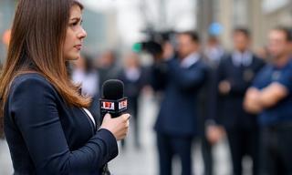 News reporter holding a microphone on location with camera crew