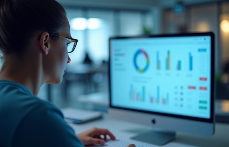 Person working on digital content creation dashboard, showing charts and content blocks